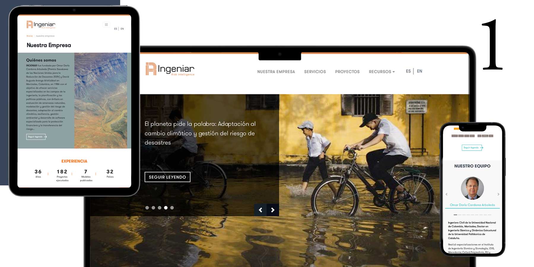 Ingeniar's website Home screen shown in three viewports: tablet, laptop and mobile.