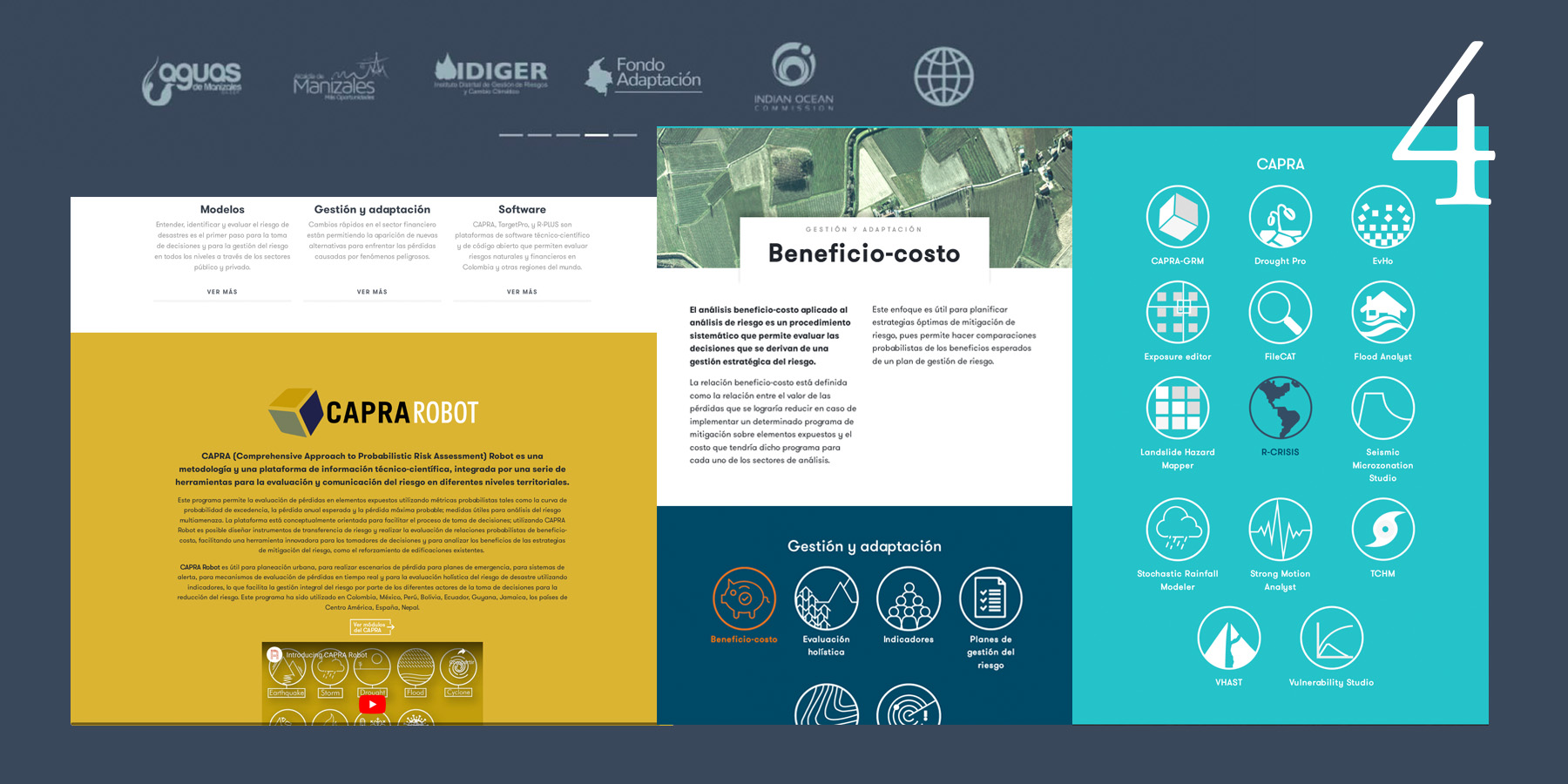 Multiple image captures from different pages belonging to Ingeniar Risk Intelligence's website: Software services, Cost-benefit, and CAPRA (software) modules.