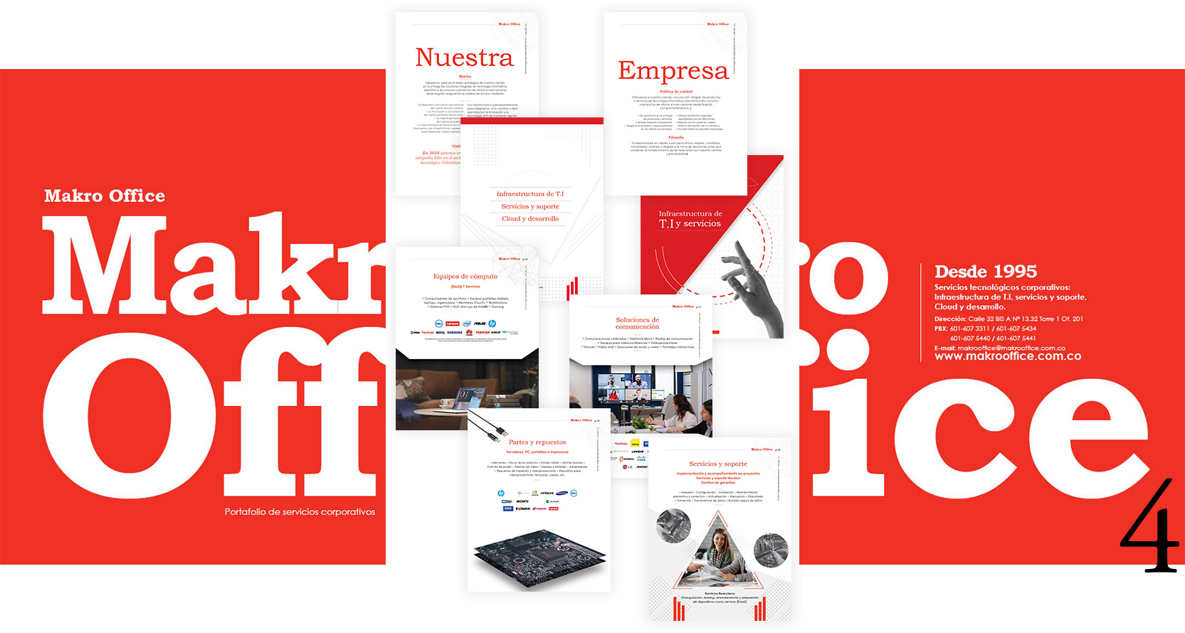 Typographic compositions and screenshots of some internal pages of Makro Office's corporate services portfolio.